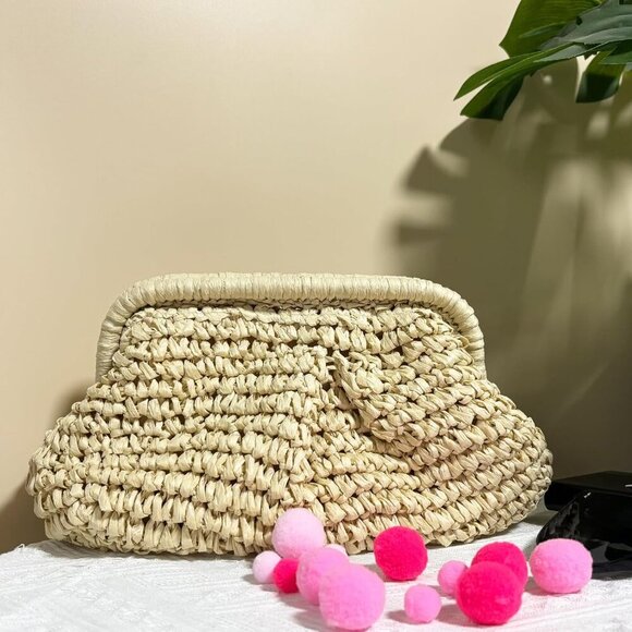 Straw Clutch Bag Cloud Dumpling Shape Crossbody Shoulder Purse Women Summer - Picture 2 of 7
